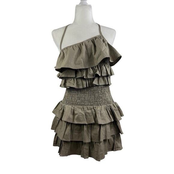 Tularosa Rory Linen Blend Mini Dress Medium Ruffled Smocked Backless Tie Neck - Picture 2 of 15
